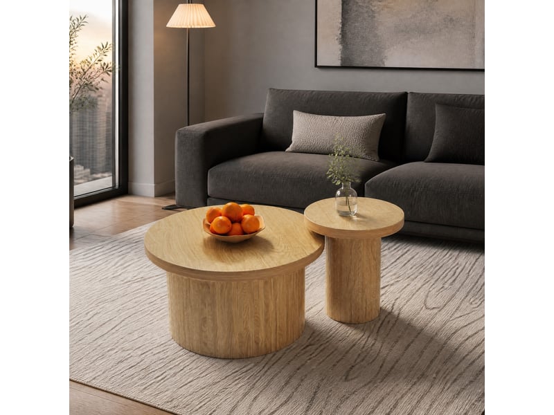  Lot de 2 tables basses rondes en mdf, finition bois naturel, 66 et 40 cm  - Conforama C