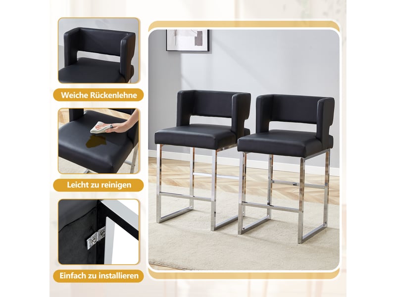  Lot de 2 tabourets de bar,48x53,3x91,4 cm,similicuir et métal argenté,noir  - Conforama E