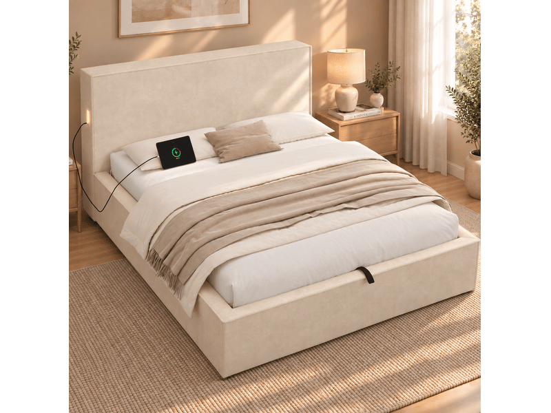  Lit coffre 120x200 cm avec sommier à lattes, revêtement chenille beige  - Conforama C