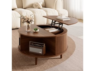 Table basse ronde relevable avec rangement compartimenté, table de salon avec porte coulissante et lattes verticales, pieds pin massif, mdf, noyer