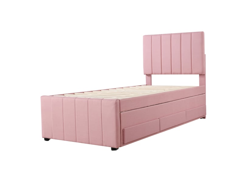  Lit enfant gigogne 90x200 cm en tissu gris, lit 90x190 et 3 tiroirs de rangement, sommier à lattes  - Conforama E