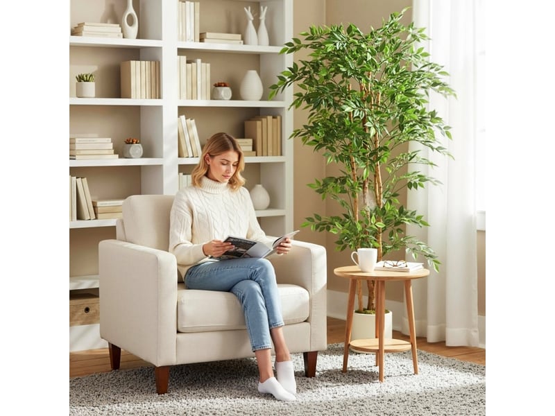  Plante artificielle banyan avec feuilles réglables et pot stable pour salon ou bureau en plastique vert  - Conforama C