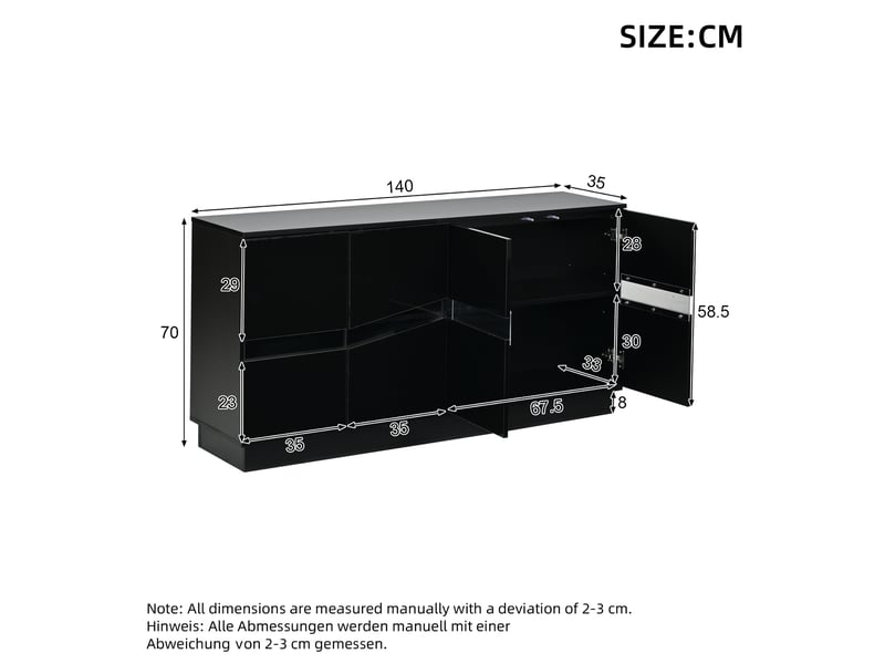  Buffet 140x35x70cm avec éclairage led, 4 portes push-to-open et façades brillantes, meuble de rangement pour cuisine et salon, noir evarich - Conforama C