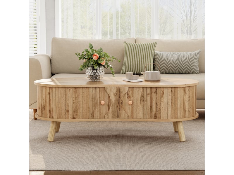 Table basse 108x50x37 cm avec 2 portes coulissantes, pieds bois, meuble de salon, rangement, mdf, couleur naturel  - Conforama D