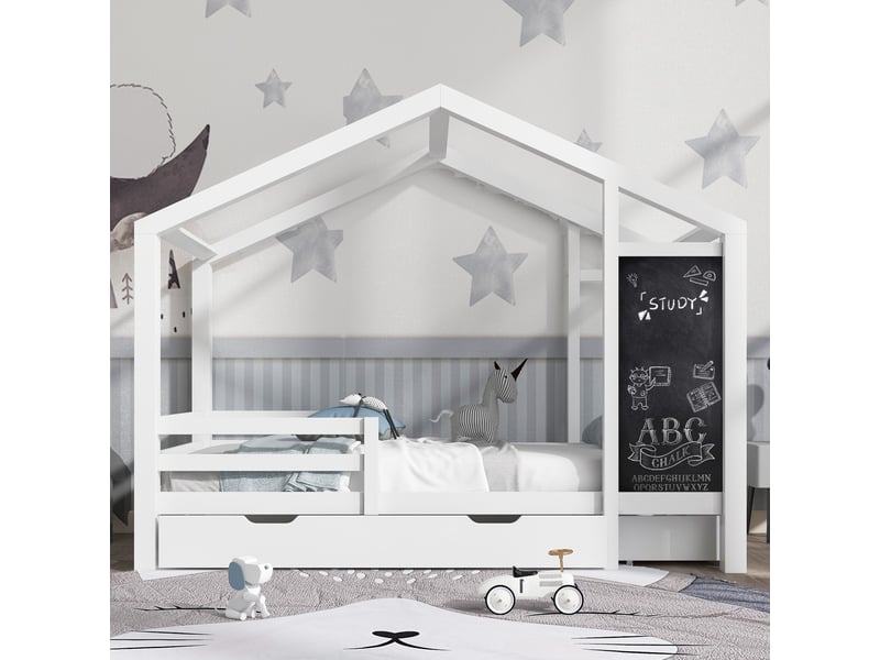  Lit cabane enfant 90 x 200 cm avec tableau et 2 tiroirs, barrières et sommier à lattes, blanc, pin massif 357576AAW - Conforama D