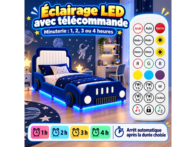 Lit enfant voiture 90x200 cm en velours, avec barrière de sécurité et éclairage led, bleu - Conforama B