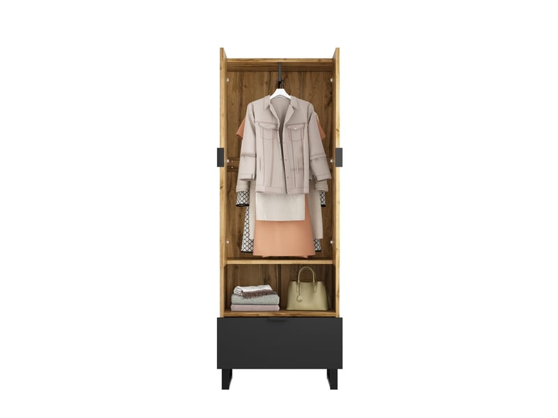  Armoire vestiaire tcqpz 65 x 38 x 180 cm avec penderie, étagères réglables, tiroir, bois et noir  - Conforama A