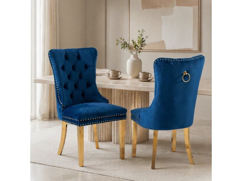 Lot de 2 chaises de salle à manger en velours bleu, dossier haut, pieds en bois à finition dorée - Conforama B