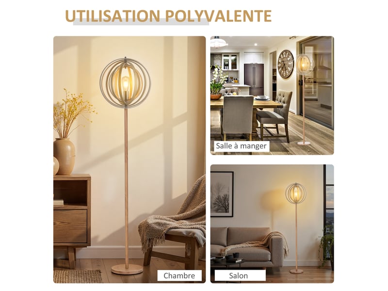  Lampadaire sur pied circulaire 40 w max. Bois abat-jour naturel clair dim.  38 x 160 cm  - Conforama R