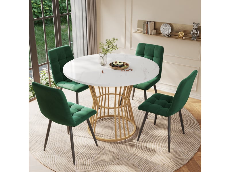  Ensemble table ronde et 4 chaises, 5 pièces, plateau blanc effet marbre et pieds métalliques dorés, salle à manger moderne  - Conforama B