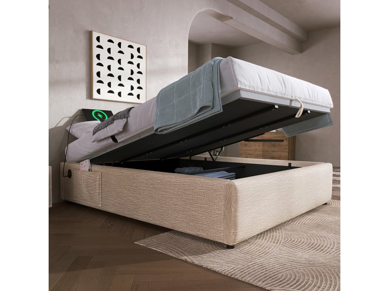  Lit double coffre 160x200 cm-hydraulique-usb type-c-sommier plein en bois-sans tête de lit-tissu lin-naturel (sans matelas)  - Conforama D