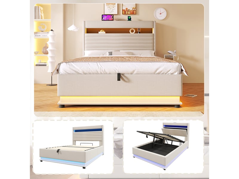  Lit coffre 140x200 cm, lit double, rangement hydraulique, led, lin beige, usb et usb-c  - Conforama E