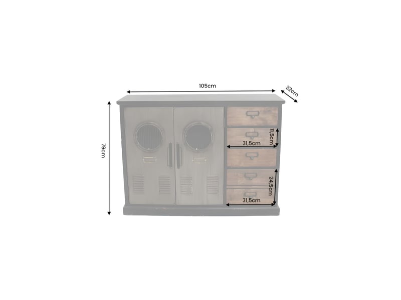  Buffet locker 105 cm – bois de pin, mdf, verre et métal – 2 portes et 5 tiroirs  - Conforama C