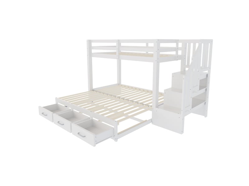  Lit superposé bois blanc 90x200 cm, lit gigogne 90180x190 cm, escalier rangement et tiroirs  - Conforama D