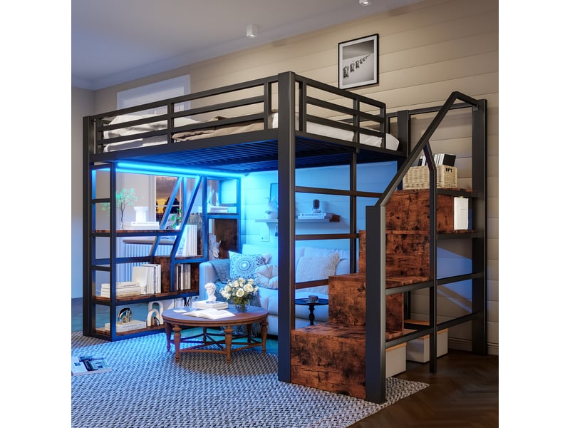  Lit mezzanine 140 × 200 cm avec rangements, marches intégrées et led, sans matelas, en métal et mdf, noir  - Conforama D