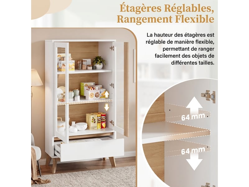  Buffet de cuisine blanc et bois, étagères réglables, 80x40x150 cm  - Conforama E