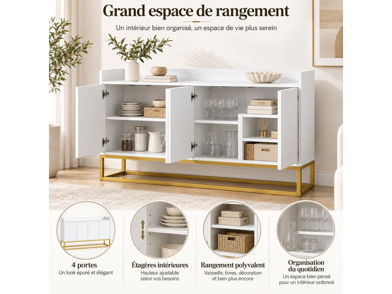  Buffet meuble de rangement 4 portes et étagère réglable, moderne, 120 x 30 x 80 cm blanc  - Conforama D