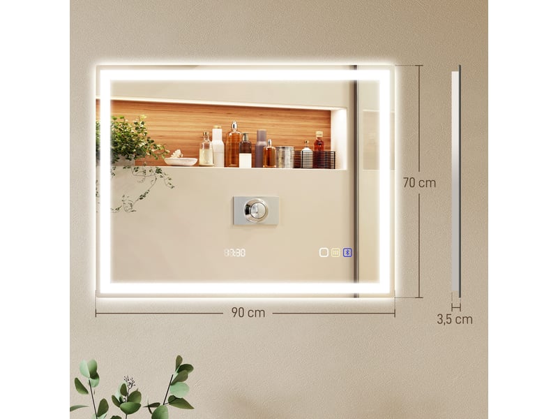 Miroir lumineux led salle de bain 90 x 70 cm bluetooth interrupteur tactile lumière réglable 3 couleurs fonction anti-buée et mémoire - Conforama C