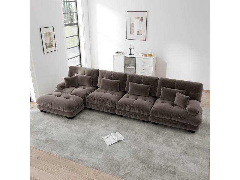  Canapé d'angle modulaire avec ottoman mobile, assise profonde et coussins, en chenille, marron  - Conforama B