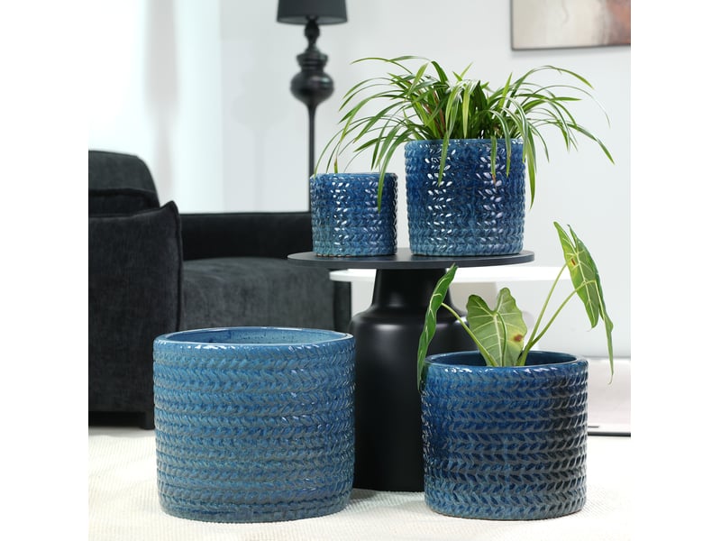  Pot de fleurs rond en céramique ø24,5 cm – bleu foncé brillant – relief chevrons avec trou d'évacuation  - Conforama B