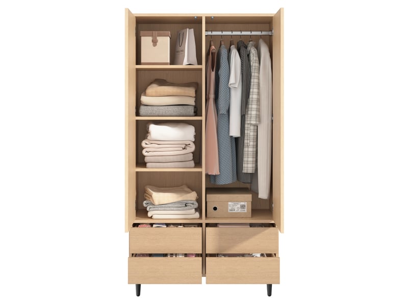  Armoire modenvie 2 portes avec miroir 90 x 45 x 200 cm, 4 tiroirs, penderie et 4 compartiments, aspect chêne  - Conforama A