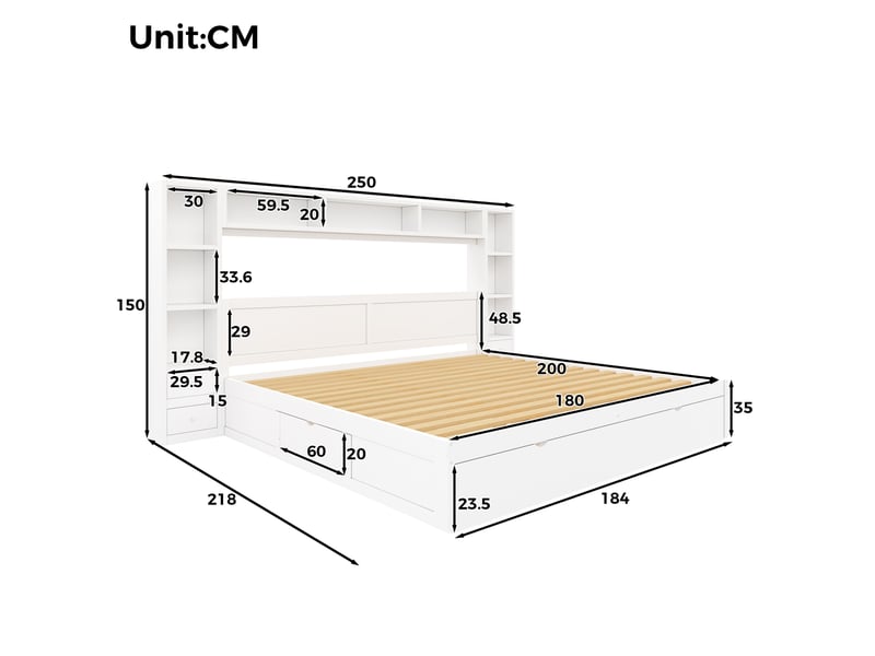  Lit plateforme 180 × 200 cm avec 7 tiroirs, niches de rangement et éclairage led, en mdf blanc pour chambre adulte  - Conforama C