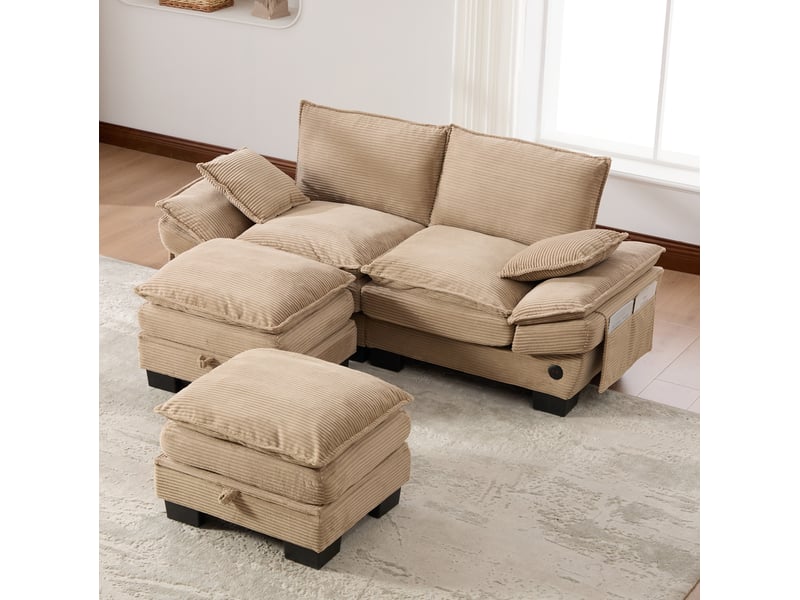  Canapé 2 places modulable en velours côtelé kaki avec 2 poufs et port usb-c  - Conforama E