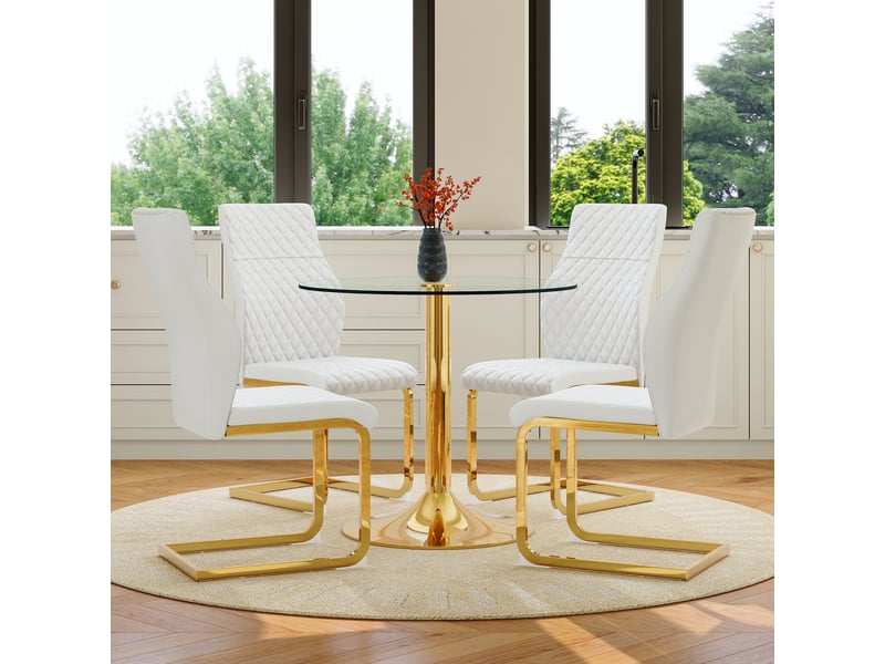  Ensemble table ronde en verre et 4 chaises, table ronde 85 cm en verre trempé, finition blanche et dorée pour salle à manger  - Conforama B