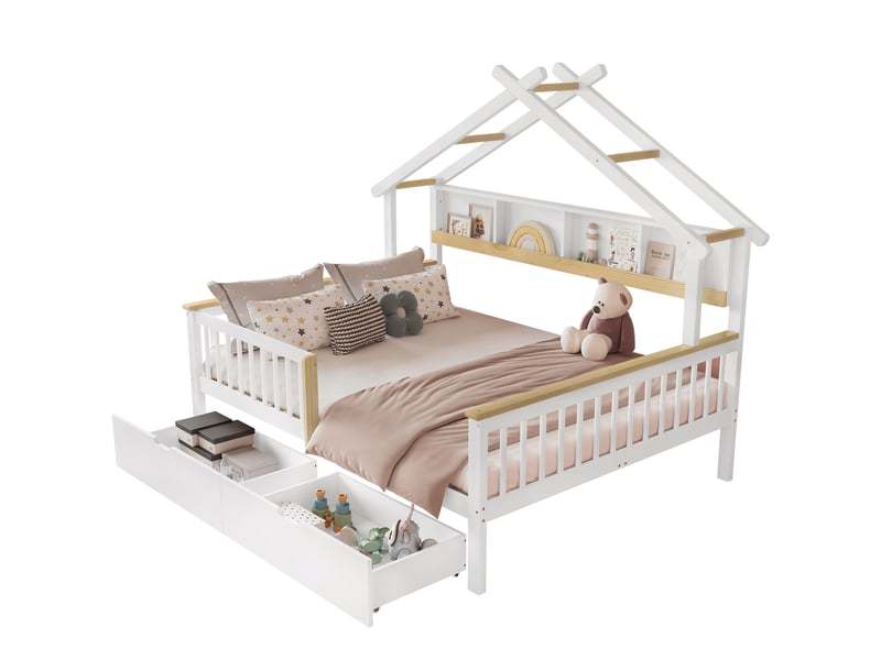  Lit cabane enfant 2 places 140 x 200 cm avec toit, garde-corps, étagère de 2 m et 2 tiroirs sur roulettes, pinmdf, blanc et effet bois naturel  - Conforama A