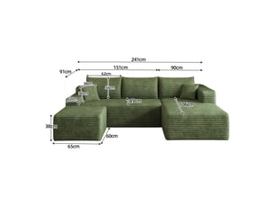 Canapé d’angle vert 4 places en velours côtelé, canapé en l de 241 cm avec méridienne et assise profonde pour le salon