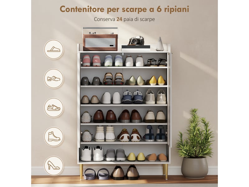  Étagère à chaussures gain de place pour 24 paires de chaussures, avec 2 portes, 3 étagères coulissantes et une étagère inférieure, blanche  - Conforama E