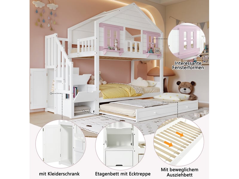 Lit superposé enfant 90x200 cm, lit gigogne à roulettes, rangement, penderie, pin mdf, blanc et rose, sans matelas - Conforama E