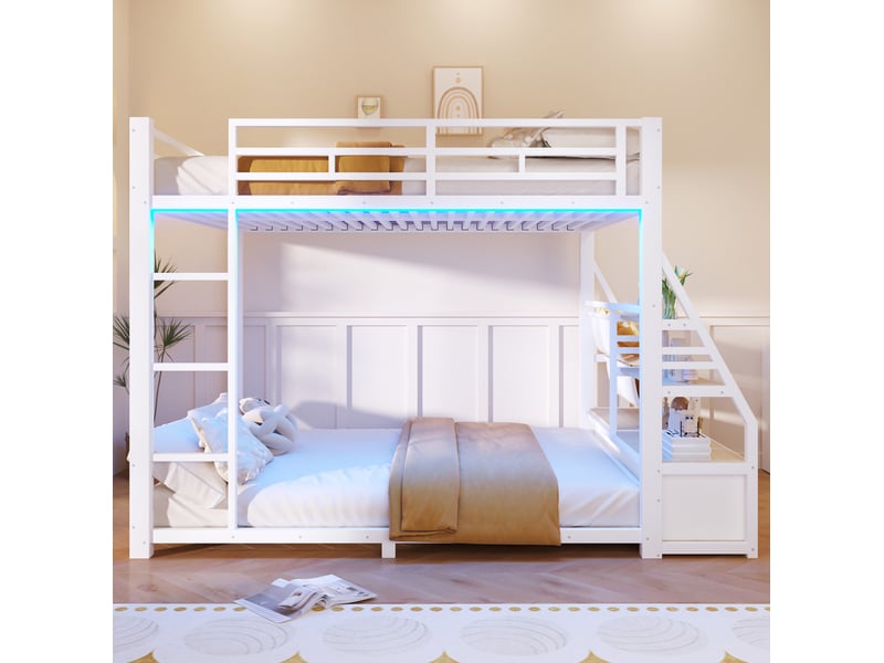  Lit superposé 140x200 cm en métal blanc avec éclairage led et 2 tiroirs  - Conforama D