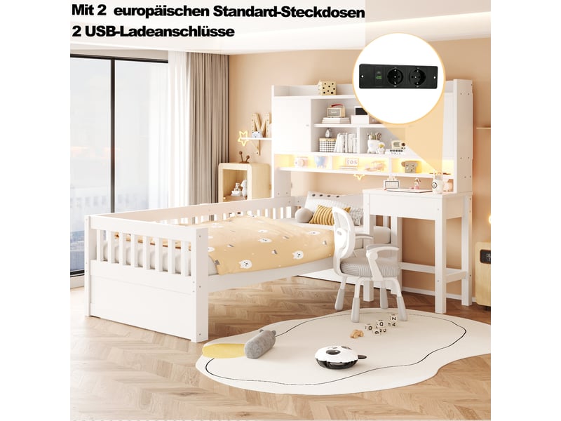 Lit enfant multifonction 90x200 cm en bois avec bureau, rangements, tiroirs, led, prise électrique et barrières de sécurité blanc - Conforama D