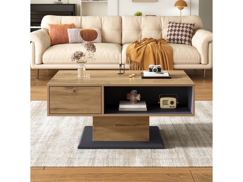  Table basse 100x50x46,5 cm, rangement double face, compartiment intérieur, design moderne, structure en panneaux - gris et bois  - Conforama D