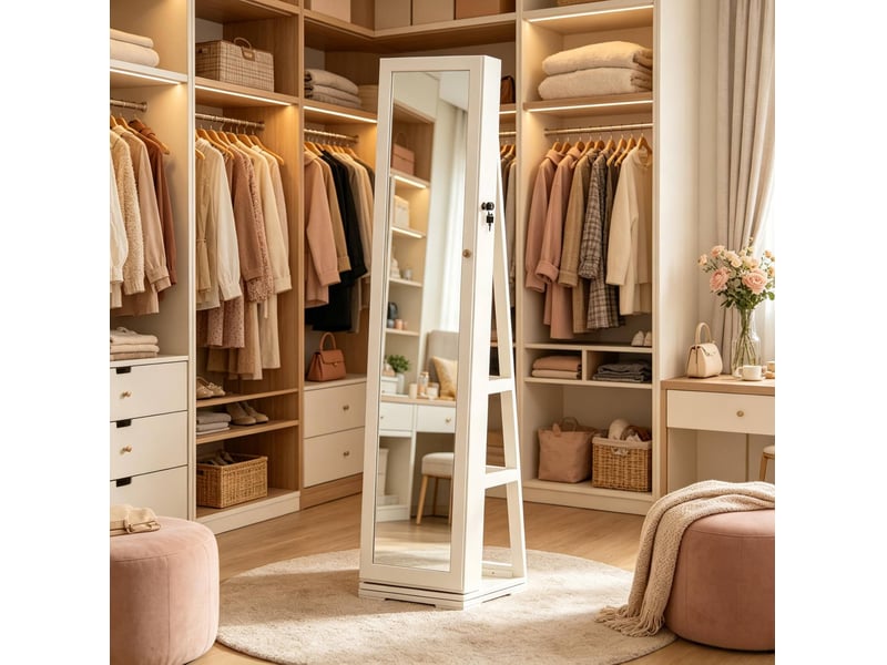  Miroir sur pied avec armoire à bijoux pivotante à 360°, mdf et verre, blanc  - Conforama C