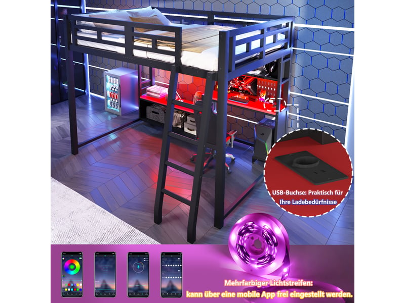  Lit mezzanine gaming 140x200cm en métal avec bureau,éclairage rgb led,étagères,lit superposé avec garde-corps,sans matelas,noir + rouge  - Conforama D
