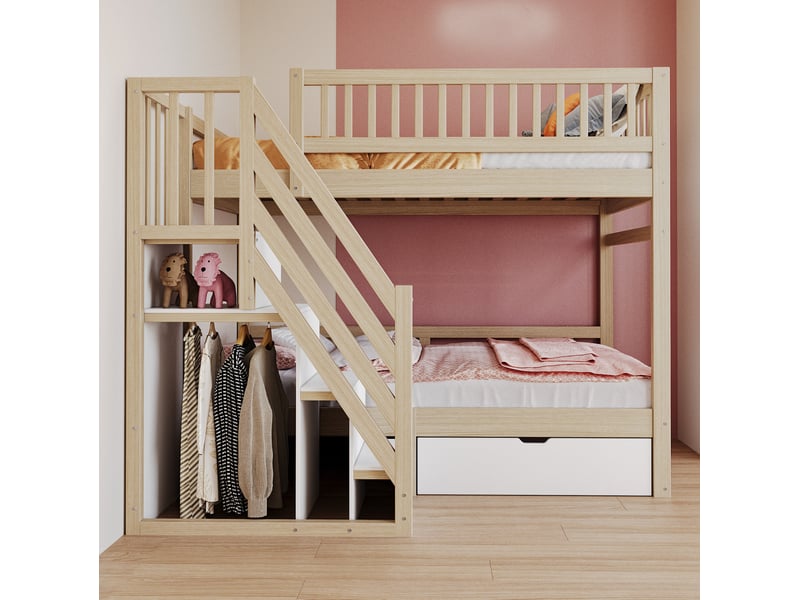  Lit superposé enfant 90x200 cm en bois avec échelle et rangements, blanc et gris  - Conforama E