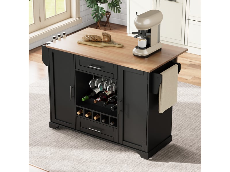 Desserte de cuisine noire 120x4570x92 cm avec plateau rabattable, porte-bouteilles et rangements multifonctions - Conforama B