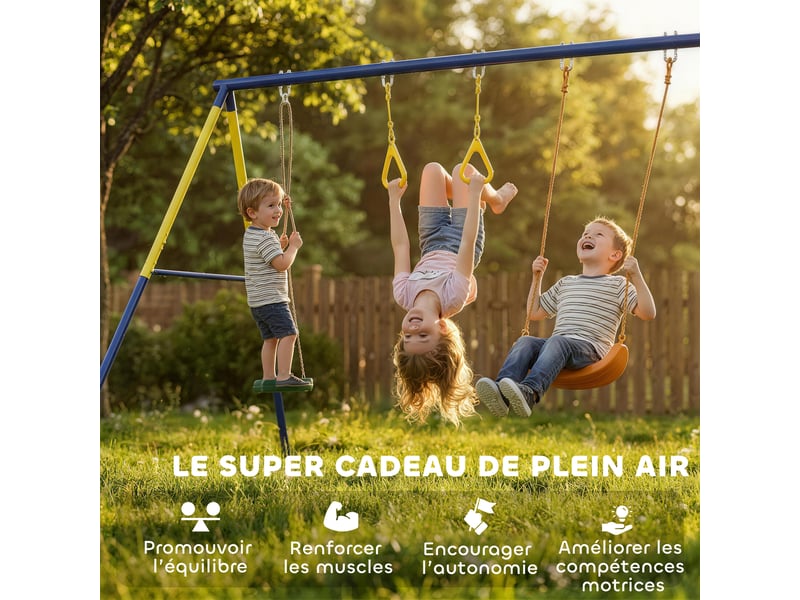  Portique balancoire exterieur enfants 3-en-1, siège de balancelle, 2 anneaux gymnastique et balançoire à disque  - Conforama W