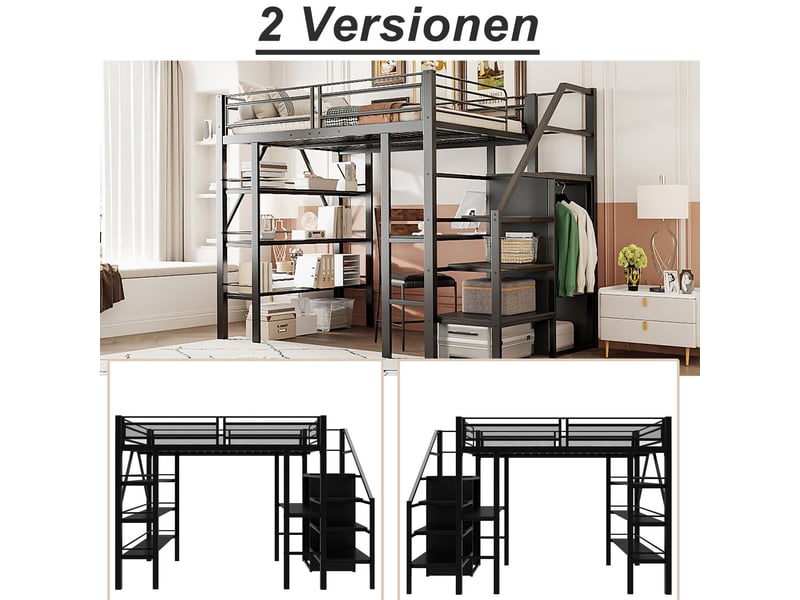  Lit mezzanine 140x200 cm avec bureau, armoire et étagères - lit double - escalier sécurisé, cadre en métal noir, gain d'espace idéal  - Conforama C