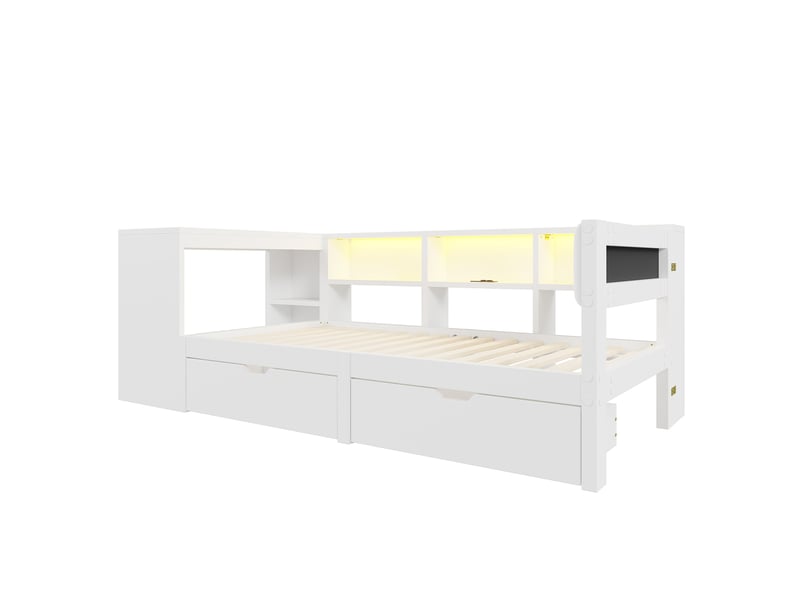  Lit enfant tiroirs 90x200cm station charge intégrée éclairage led tête rembourrée mdf, tissu lin blanc sans matelas  - Conforama R