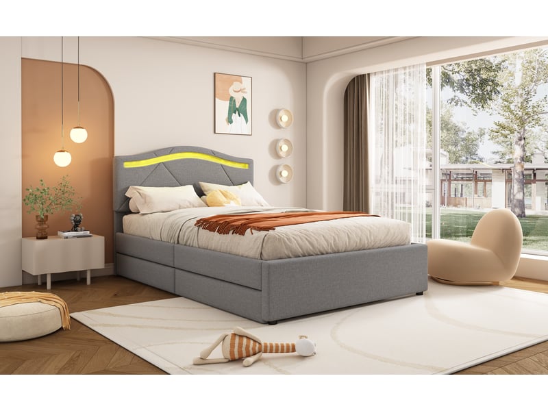  Lit avec rangement 90 × 200 cm, tiroirs, éclairage led, sommier à lattes, gris  - Conforama B