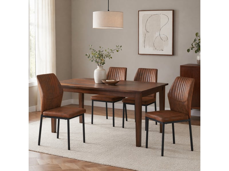  Lot de 4 chaises de salle à manger 93 cm, cuisine, moderne, dossier à stries, structure métal, assise pu, marron et noir  - Conforama B