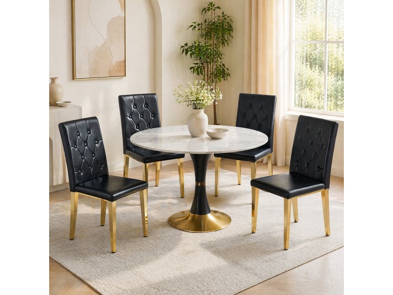  Chaises de salle à manger lot de 4 avec dossier matelassé  - pieds métal doré, simili cuir noir  - Conforama C