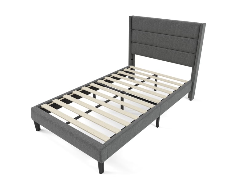  Lit simple 90x200 cm, lit enfant, tête de lit, pieds avec patins antidérapants, lin, métal, vert foncé, matelas inclus  - Conforama A