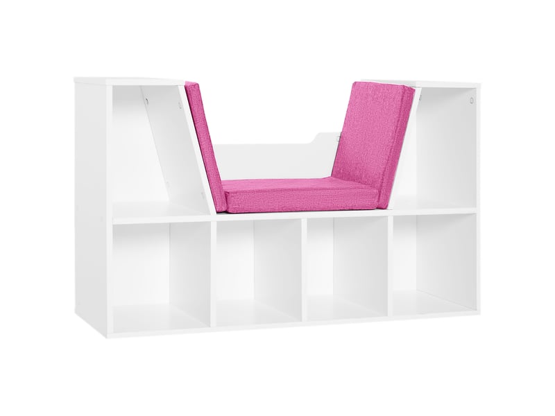  Étagère avec siège intégré, bibliothèque à 6 compartiments, coussin pour salon ou chambre, 102 x 30 x 61 cm, blanc et rose  - Conforama A
