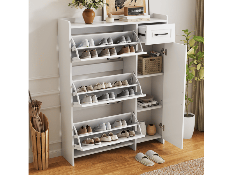  Meuble à chaussures blanc avec trois compartiments basculants, une porte, un tiroir et étagères réglables  - Conforama B