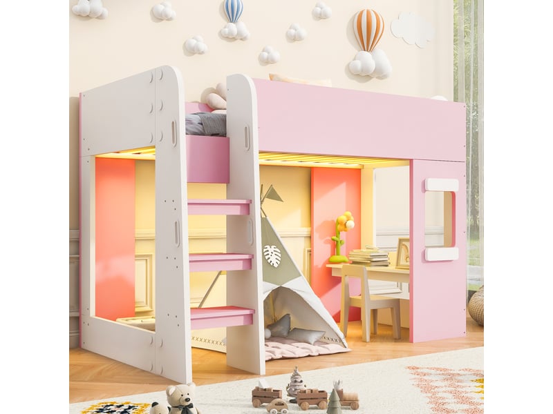  Lit mezzanine en bois 90×200 cm - avec éclairage led - avec petit bureau - avec barrières de sécurité - rose (matelas non inclus)  - Conforama D