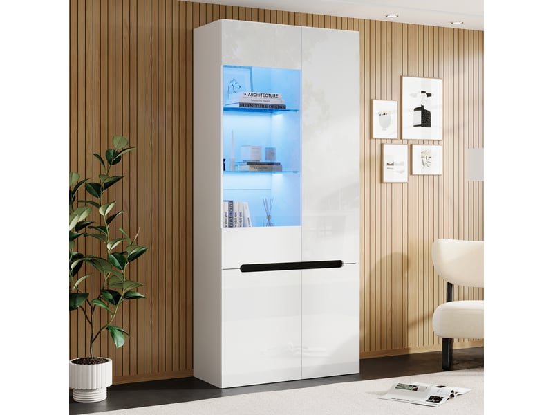 Vitrine haute 80x35x180 cm avec led bluetooth, 4 portes, 8 compartiments, 2 étagères en verre réglables, façade brillante, mdf blanc - Conforama C